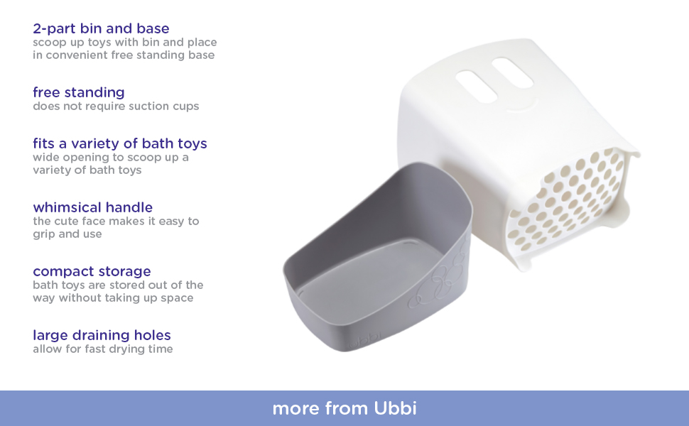 Gray Ubbi bath toy drying bin and base separated to show draining holes at bottom of bin