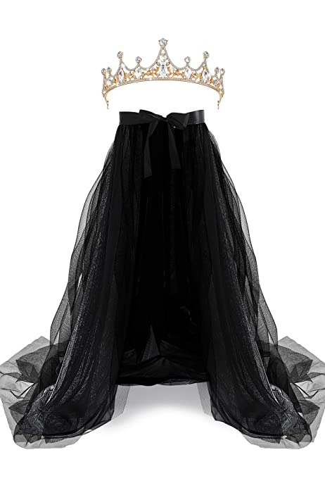 Halloween Maxi Tulle Long Skirts and Tiara Queen Crown, 3 Layered Detachable Train Overskirt Crystal Princess Crown for Wedding Cocktail Party Prom Bandage Mesh Dress Bridal Women Black,Gold