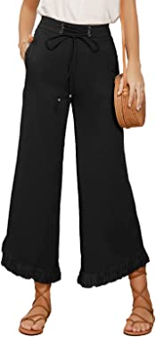 GRACE KARIN Women Wide Leg Linen Palazzo Pants Boho Drawstring Waist Oblique Tassel Hem Beach Trousers with Pockets