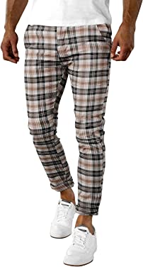 Woenzaia Plaid Skinny Pants for Men Stretch Slim Fit Dress Pant