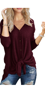 IWOLLENCE Womens Waffle Knit Tie Knot Long Sleeve Henley V Neck Triple Color Block Stripe T-Shirt