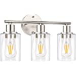 Bathroom Vanity Light Fixtures, 3 Lights Wall Sconce Lighting Brushed Nickel, Farmhouse Wall Lights with Glass Shade, Bathroom Light fixtures for Mirror Bedroom Kitchen Porch Living Room Hallway