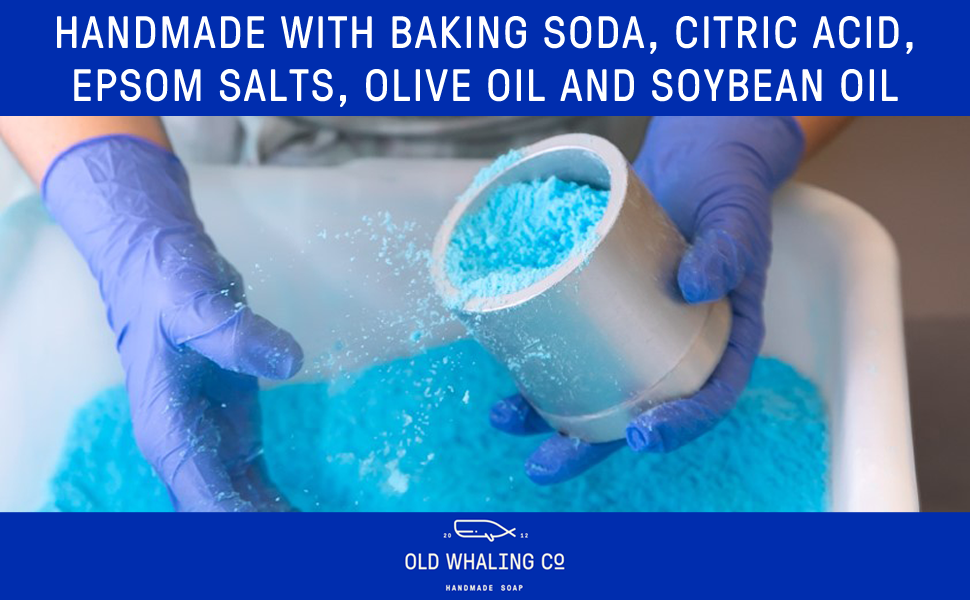 Handmade with Baking soda, citric acid, Epsom salts, olive oil and soybean oil