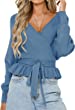 ZESICA Women's Wrap V Neck Long Batwing Sleeve Belted Waist Ruffle Knitted Sweater Pullover Top