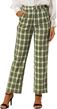 Allegra K Women's Plaid Pants Elastic Waist Casual Work Office Long Trousers