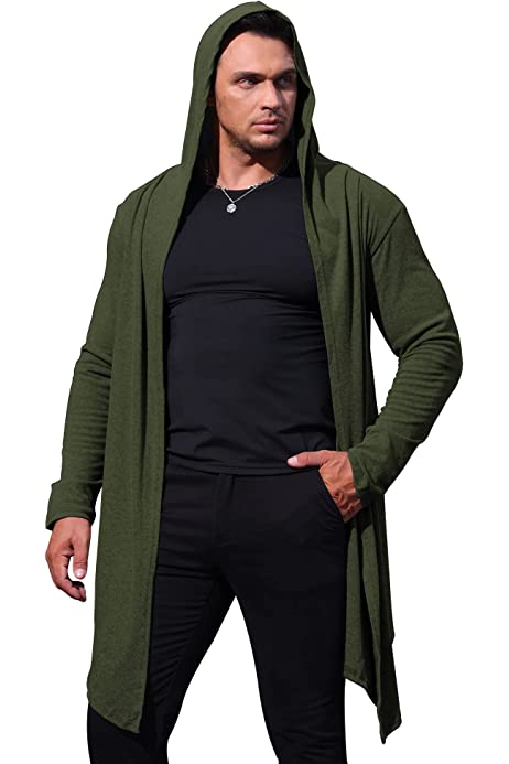 Mens Fashion Long Cardigan Drape Open Front Asymmetrical Hem with Hoodies Side Pockets,Magic Fit Cardigan