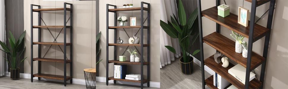 5 Tier Bookcase, Solid Wood Bookshelf Rustic Vintage Industrial Etagere Bookcase