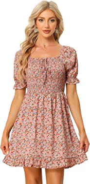 Allegra K Women's Puff Sleeve Square Neck Ruffled Hem Floral Smocked Dress