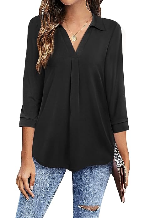 Women's V Neck Blouse 3/4 Sleeve Tunic Tops Ladies Work Shirts