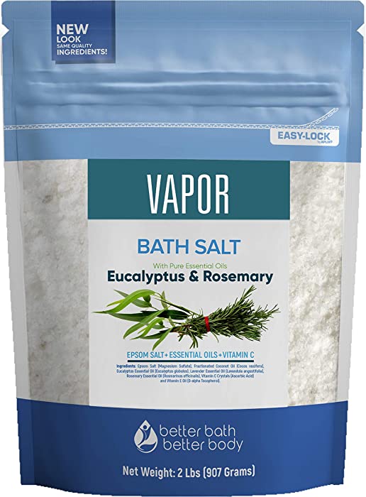 Vapor Bath Salt 32 Ounces Epsom Salt with Natural Rosemary, Lavender and Eucalyptus Essential Oils Plus Vitamin C in BPA Free Pouch with Easy Press-Lock Seal