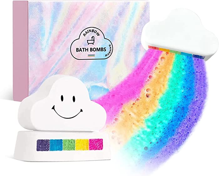 Rainbow Cloud Bath Bombs Gift Set, 2- XXXL Size 6.5oz Handmade Organic Bath Bomb, Safe Bubble Spa with Rich Bubbles and Rainbow Color, Great Gift for Kids Women Birthday Christmas