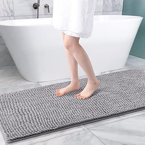 Carvapet Bathroom Rugs Soft Chenille Bath Rug Short Plush Shaggy Microfiber Non Slip Bath Mat Water Absorbent Shower Mat Quick Dry Machine Washable Light Grey, 20" x 55"