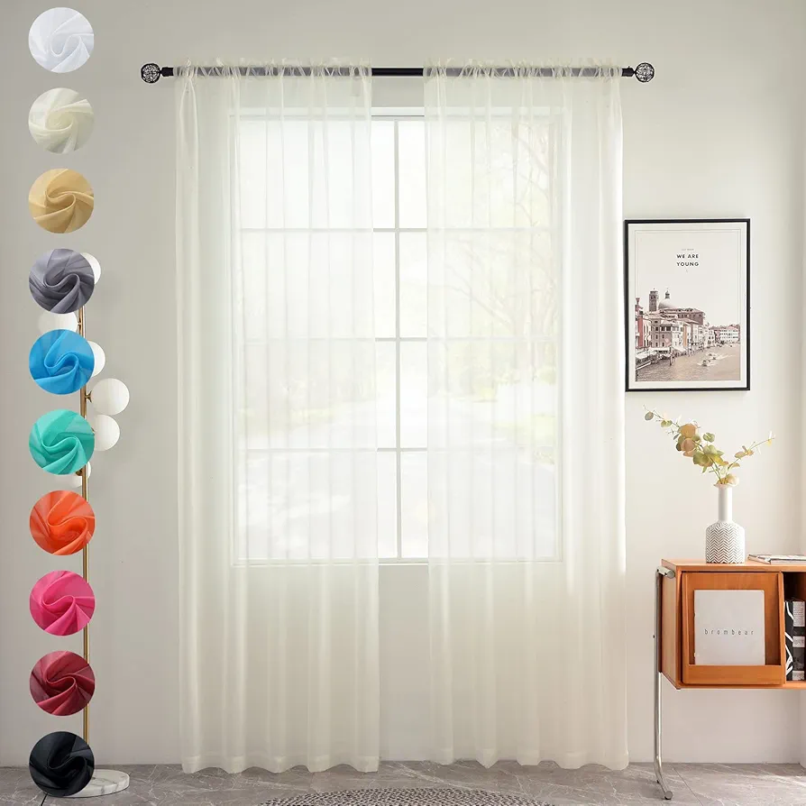 Solid Sheer Rod Pocket Curtain Voile Draperies 2 Panels White Beige Black Grey Coffee 52 Inch Width 84 Inch Long 1 Pair for Kitchen Bedroom Children Living Room Yard (Ivory,52W ｘ 84L)