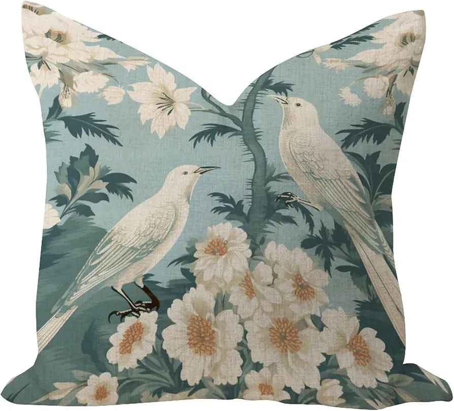 Chenonceau Birds Botanicals Aquamarine Breathable Throw Pillow Covers Decorative Living Room Pillow Cushion Case Flying Birds with Flowers Linen Pillowcases for Home Decor Chair Holiday Couch 16x16