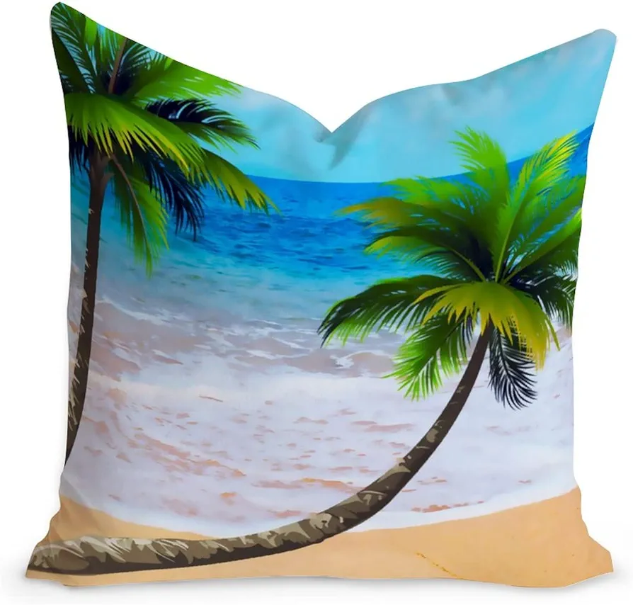 Summer Beach Throw Pillow Cushion Tropical Palm Trees Blue Sky Ocean Waves White Linen Pillow Cover Tropical Beach Hawaii Home Decorative Toss Pillows with Zippe for Living Room Bedroom 18x18in