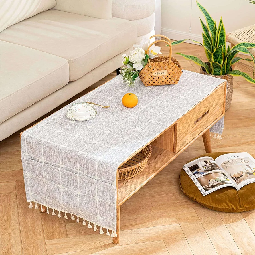 qiden Coffee Table Cloth, Coffee Table Cover with Pockets and Tassel, Cotton Linen Waterproof Small Rectangle Tablecloths Washer Dryer Fridge Top Dust Cover-C-50 x 145 cm (20 x 57 in)