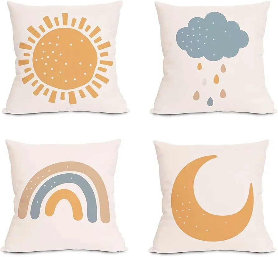 Boho Sun and Moon Clouds Rainbows Kids Throw Pillow Covers Home Bedroom Decor Pillow Case Classroom Nursery Room Decorations 18"x 18", 4 Pack No Pillows