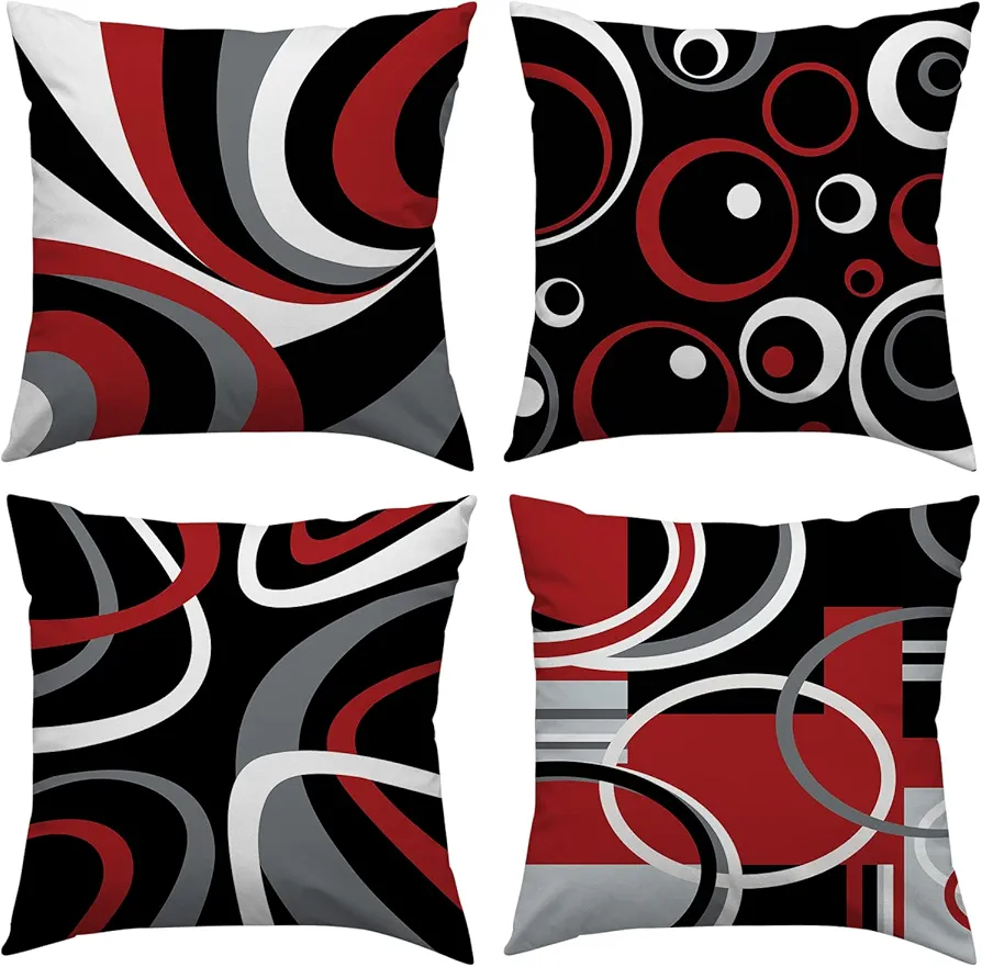 Red and Black Throw Pillow Covers 18x18 Set of 4,Grey Modern Abstract Pillowcases,Gray Geometric Circle Pattern Decor for Sofa Couch Living Room Bedroom Home Outdoor