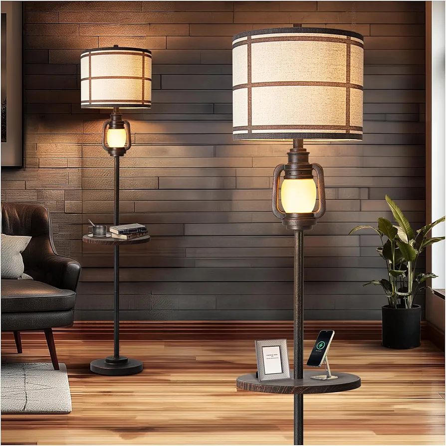 LuxSight Rustic Farmhouse Wood Tray Floor Lantern Lamp with Nightlight Linen Fabric Shade Standing Lamp for Living Room Bedroom Office Home House