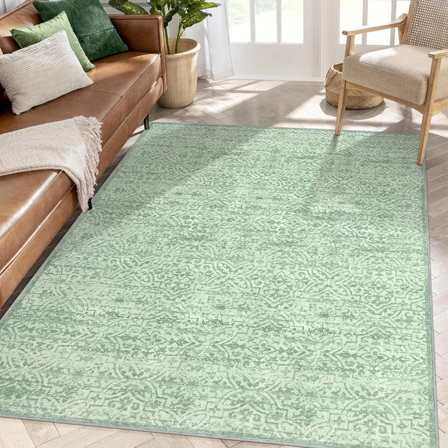 Lahome Sage Green Living Room Rug, Boho Area Rugs 5x7 Soft Green Rug Washable Large Stain Resistant Area Rug Non Slip Indoor Floor Carpet for Bedroom Living Dining Room Decor