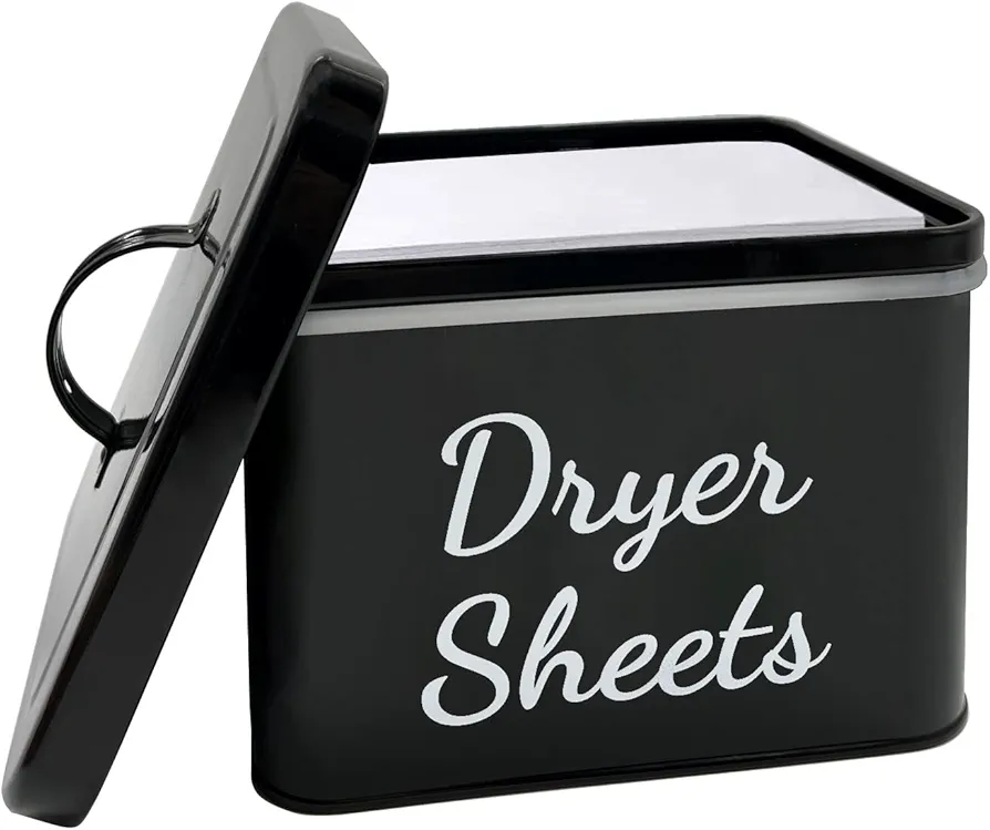 Laundry Dryer Sheets Holder Fabric Softener Dispenser with Lid for Room Decor and Organization Laundry Dispenser for Space Saving Laundry Room Storage Modern Farmhouse Metal Dryer Sheet Bin (Black)