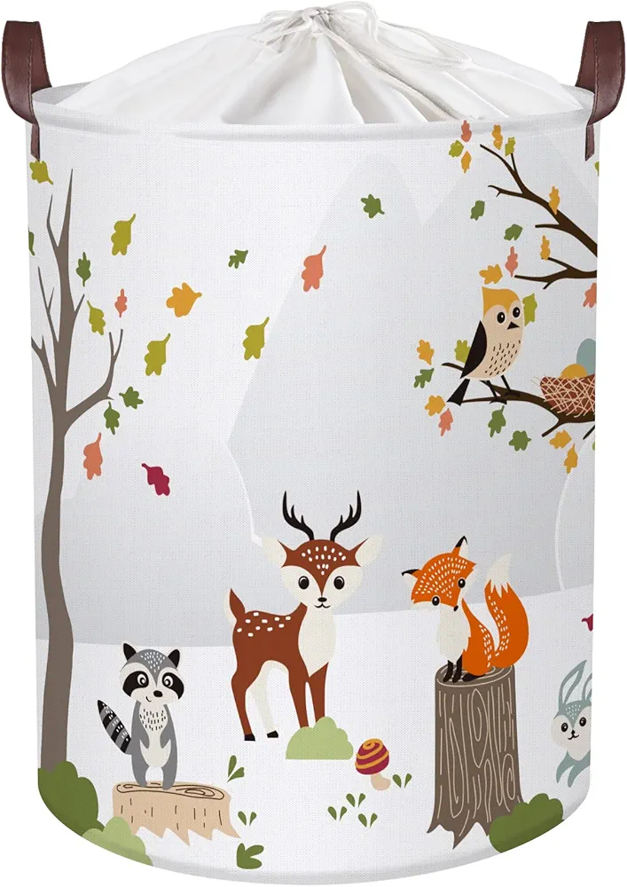 Clastyle 45L Woodland Animals Laundry Basket Collapsible Waterproof Forest Fox Storage Basket with Handle Kids Room Jungle Deer Laundry Hamper with Drawstring, 14 * 17.7 in