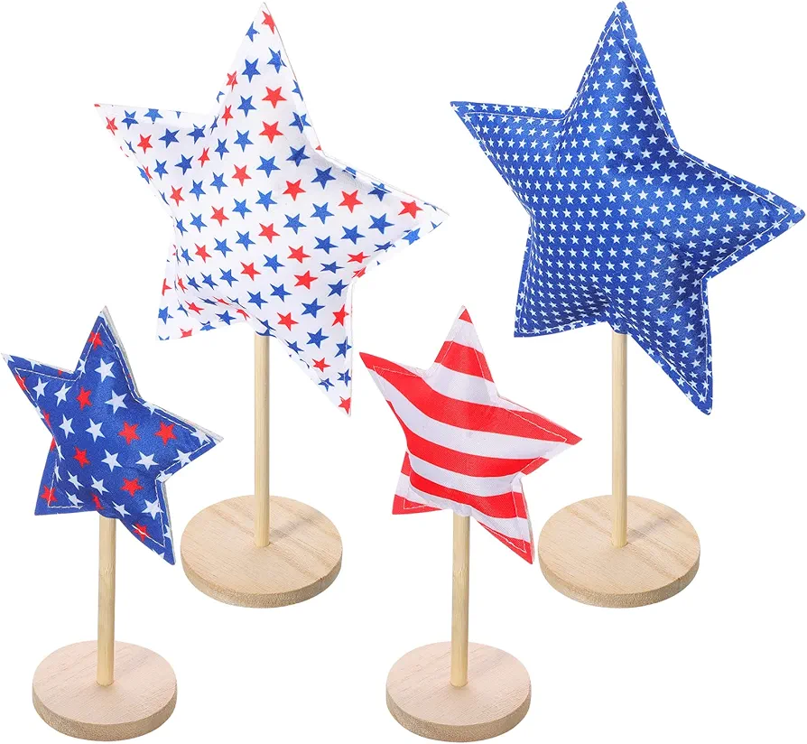 4 Pcs 4th of July Table Decoration 4th of July Patriotic Standing Fabric Star Independence Day Wood Star Decor Fourth of July Star Freestanding Table Signs Decorations for Outdoor Home Room