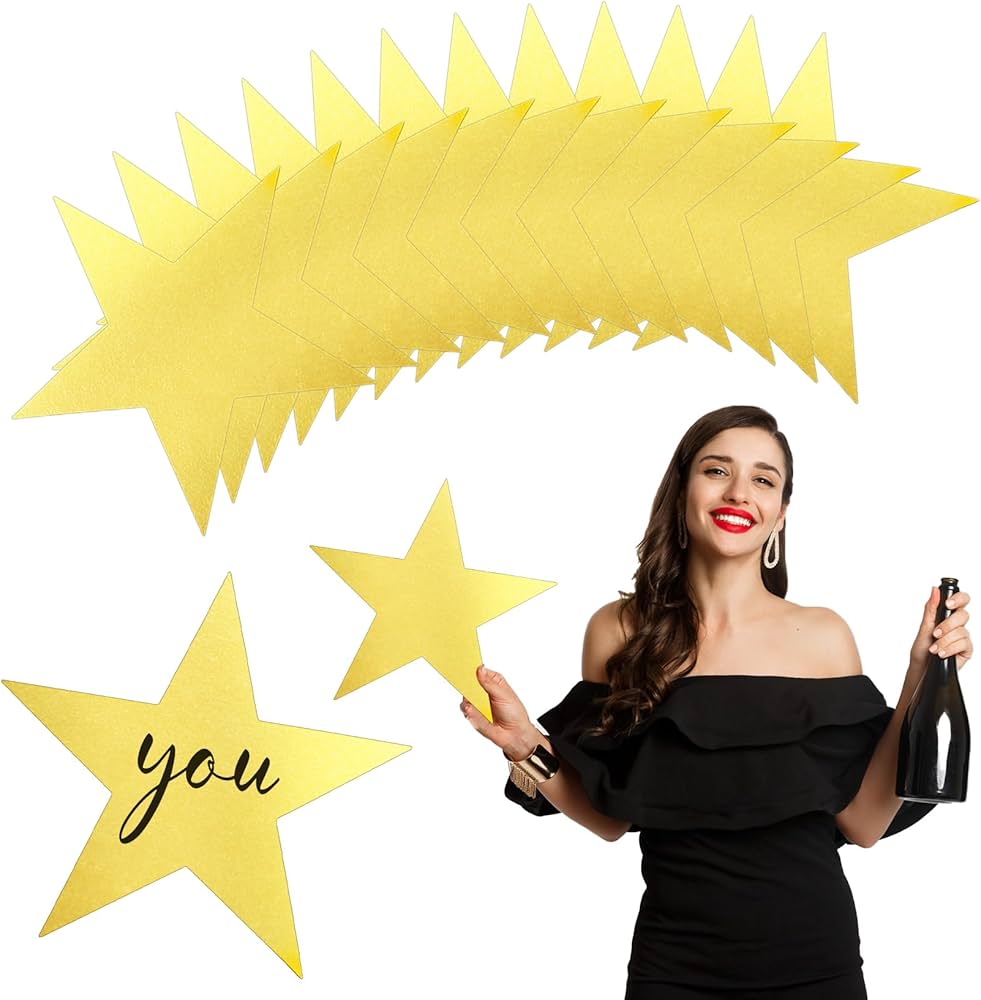 Star Cutouts, 11Inch Gold Star Cutouts, 24Pcs Double Printed Star Cardboard Cutout, Glitter Large Paper Star Decorations for Graduation Classroom Wall Wedding Movie Night Bulletin Board Party Supplies