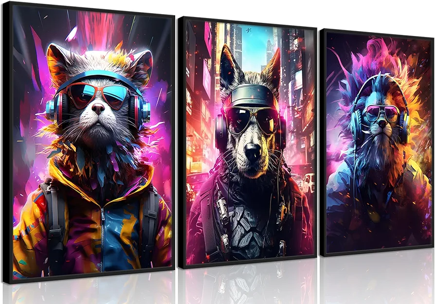 QGNBGBJ Gaming Posters Colorful Graffiti Animals Wall Decor Gamer Earphone Canvas Wall Art Watercolor Cat Dog Lion Pictures Prints for Teen Boys Children Game Room Painting Unframed(16x24in)