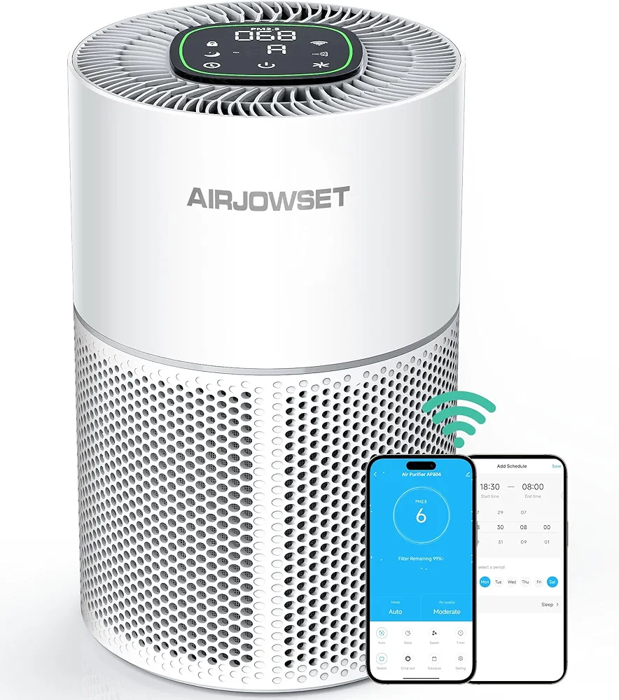 Smart Wi-Fi Air Purifier, AIRJOWSET H13 True HEPA Filter, Air Purifiers for Home Large Room up to 1290 Ft², Air Purifier for Bedroom with PM 2.5 Display for Pet Odor,Dust,Smoke,Wildfire (White)