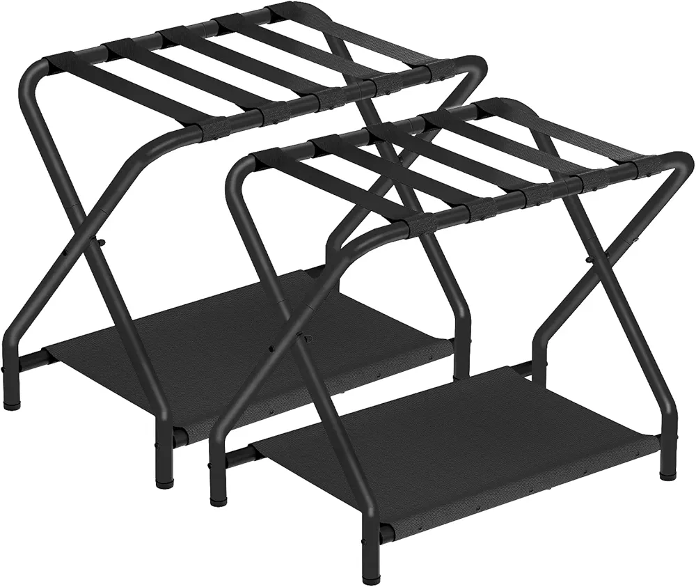 HOOBRO Luggage Rack, Pack of 2, Folding Suitcase Stand with Fabric Storage Shelf for Guest Room, Bedroom, Hotel, Holds up to 100 lb, 27 x 15.3 x 22 Inches, Space Saving, Black BK04XLP201