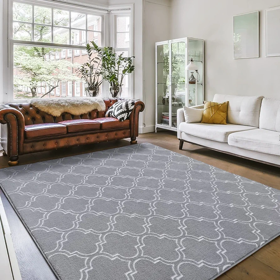 Amearea Fluffy Indoor Area Rug, Soft Trellis Moroccan Rugs for Bedroom, Shag Modern Area Rug for Living Room Kids Room Nursery, Easy Clean, Geometry Home Decor Low Pile Carpet, Light Gray 5x7 Feet