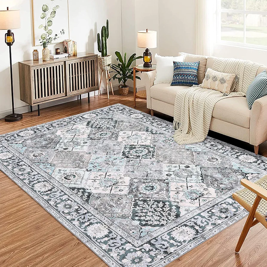 Vintage Floral Area Rug, 9x12 Non-Slip Stain Resistant Washable Indoor Print Carpet for Living Room Kitchen Entryway Bathroom Bedroom Office Grey Green