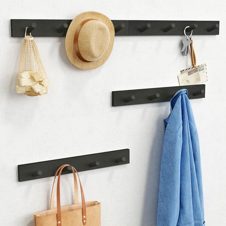 Forbena Black Coat Rack Wall Mount 4-Pack, Rustic Farmhouse Coat Hooks for Wall, Vertical Hanging Hat Rack for Office, Bedroom, Closet, Small Spaces, Kids Room Clothes, Entryway Shoes - 16 Pegs