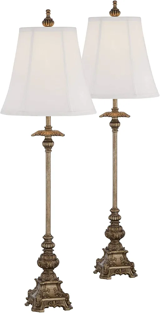 Regency Hill Juliette Traditional French Country Style Buffet Table Lamps 36.5" Tall Skinny Set of 2 Antique Gold Ornate Base White Fabric Bell Shade Decor for Living Room House Home Dining