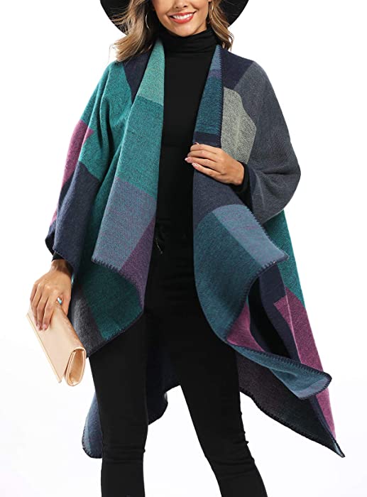 Epsion Women's Color Block Shawl Wrap Plus Size Cardigan Poncho Cape Open Front Long Winter Sweater Coat