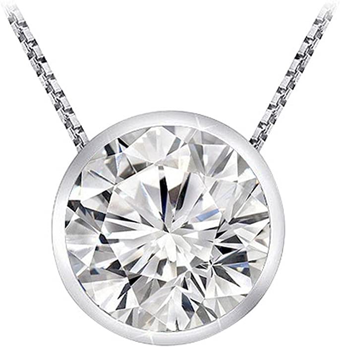 0.6 Carat 14K White Gold Round Diamond Bezel Solitaire Pendant Necklace J Color I2 Clarity