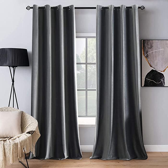 MIULEE 2 Panels Blackout Velvet Curtains Solid Soft Grommet Grey Curtains Thermal Insulated Soundproof Room Darkening Curtains / Drapes / Panels for Living Room Bedroom 52 x 84 Inch