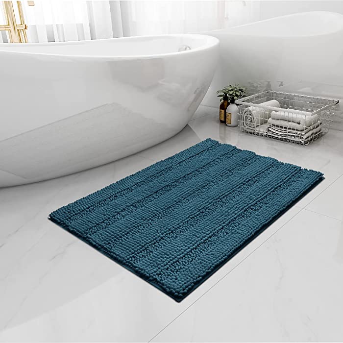 Easy-Going Luxury Chenille Striped Pattern Bath Mat, 18x25 in, Soft Plush Bath Rug, Absorbent Bathroom Rug, Non Slip Perfect Carpet Rugs for Shower, Bedroom, Front Door, Enterway (Turquoise Blue)