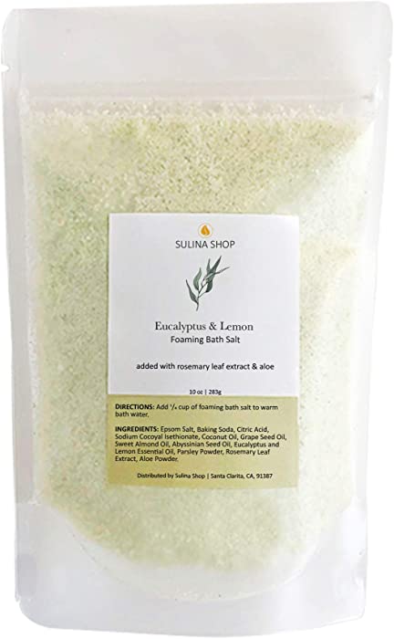 Eucalyptus & Lemon Foaming Bath Salt, Epsom Salt, Foaming Bath Salt, Bath Soak, Rosemary Leaf Extract, Aloe Powder.