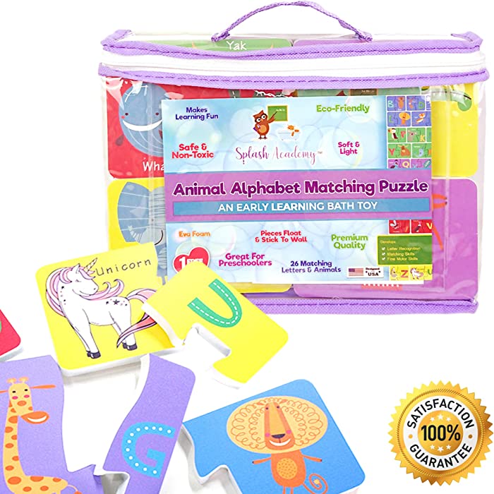 Foam Bath Letters Wet & Stick Educational Animal Alphabet Matching Puzzle Toy – Toddlers Kids Girls Boys – Safe Non Toxic Floating Bathtub Learning Set -- Includes Free Mesh Organizer Bag