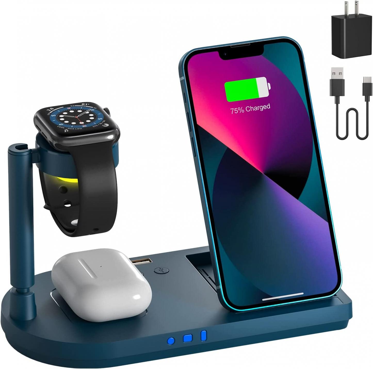 Portable 4 in 1 Charging Station for Apple Products, Qi Wireless Fast Charger Stand with Bedside Lamp Compatible for iPhone14/13/12/11 Series, AirPods Pro 3/2, Apple iWatch 8/7/SE/6/5/4/3/2 (Blue)