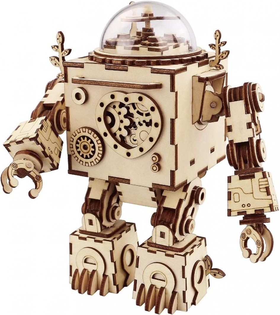 ROBOTIME 3D Puzzle Music Box Wooden Craft Kit Robot Machinarium Toy with Light