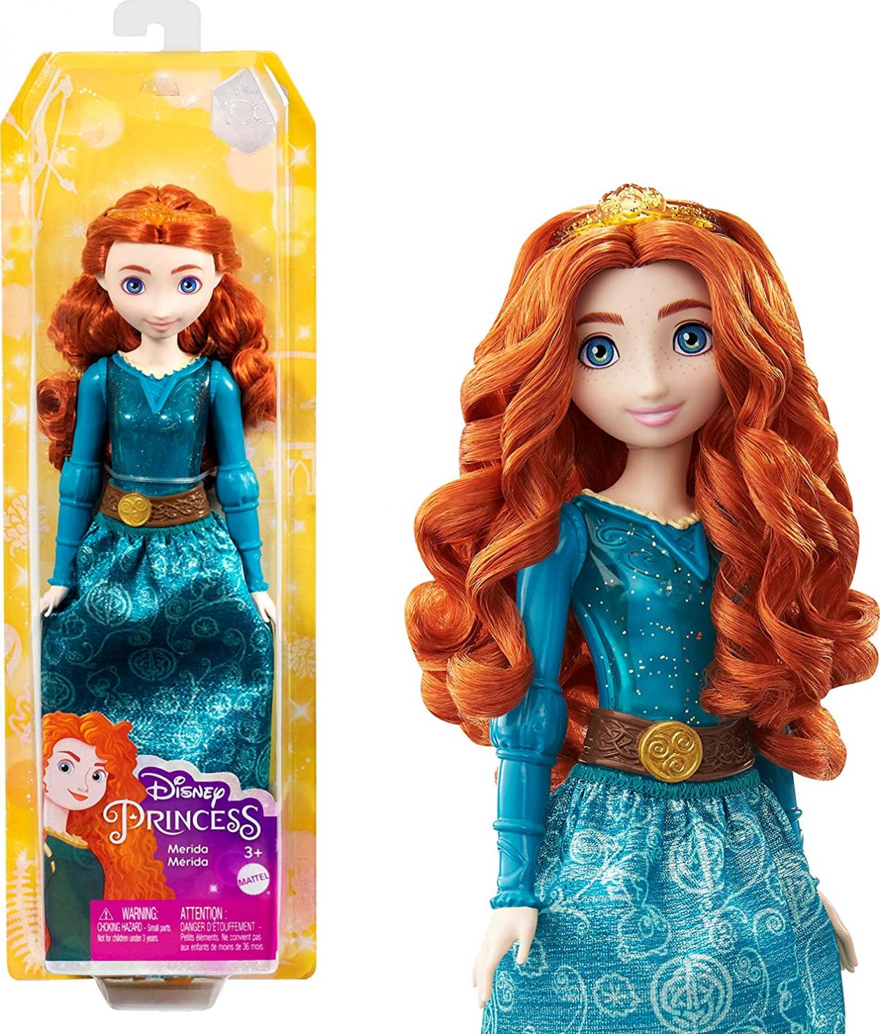 Disney Princess Merida Fashion Doll, New for 2023, Sparkling Look with Red Hair, Blue Eyes & Hair Accessory