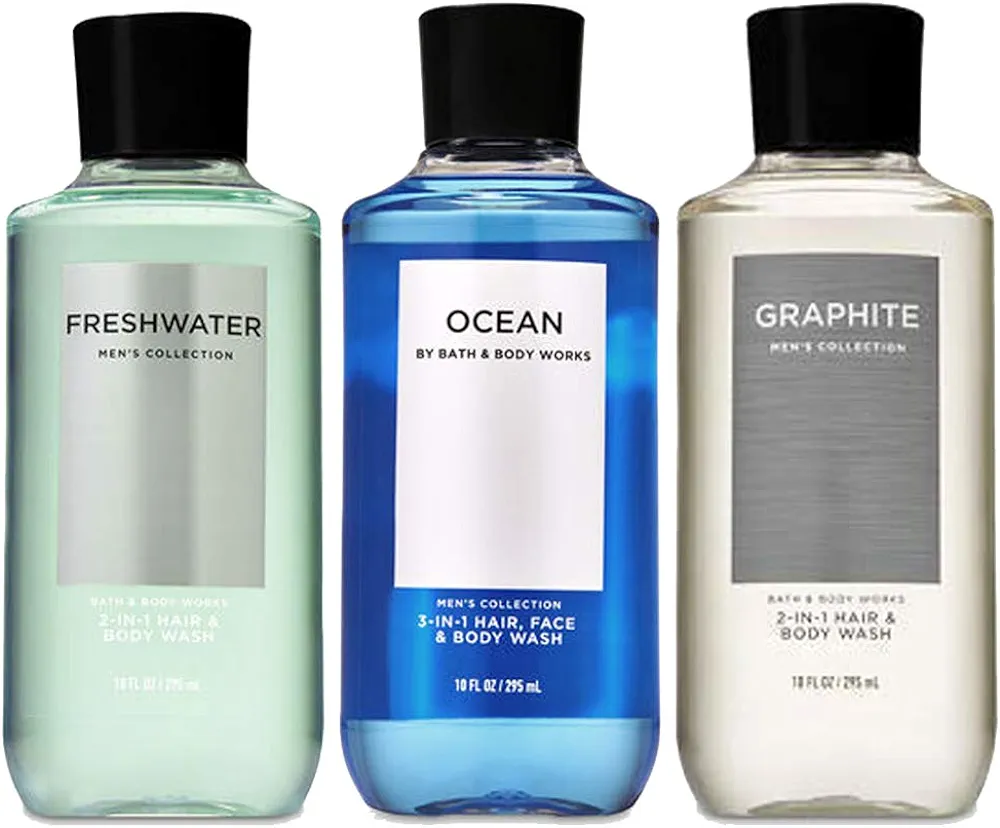 Bath and Body Works 3 Pack 2-in-1 Hair + Body Wash Freshwater, Graphite and Ocean. 10 Oz.