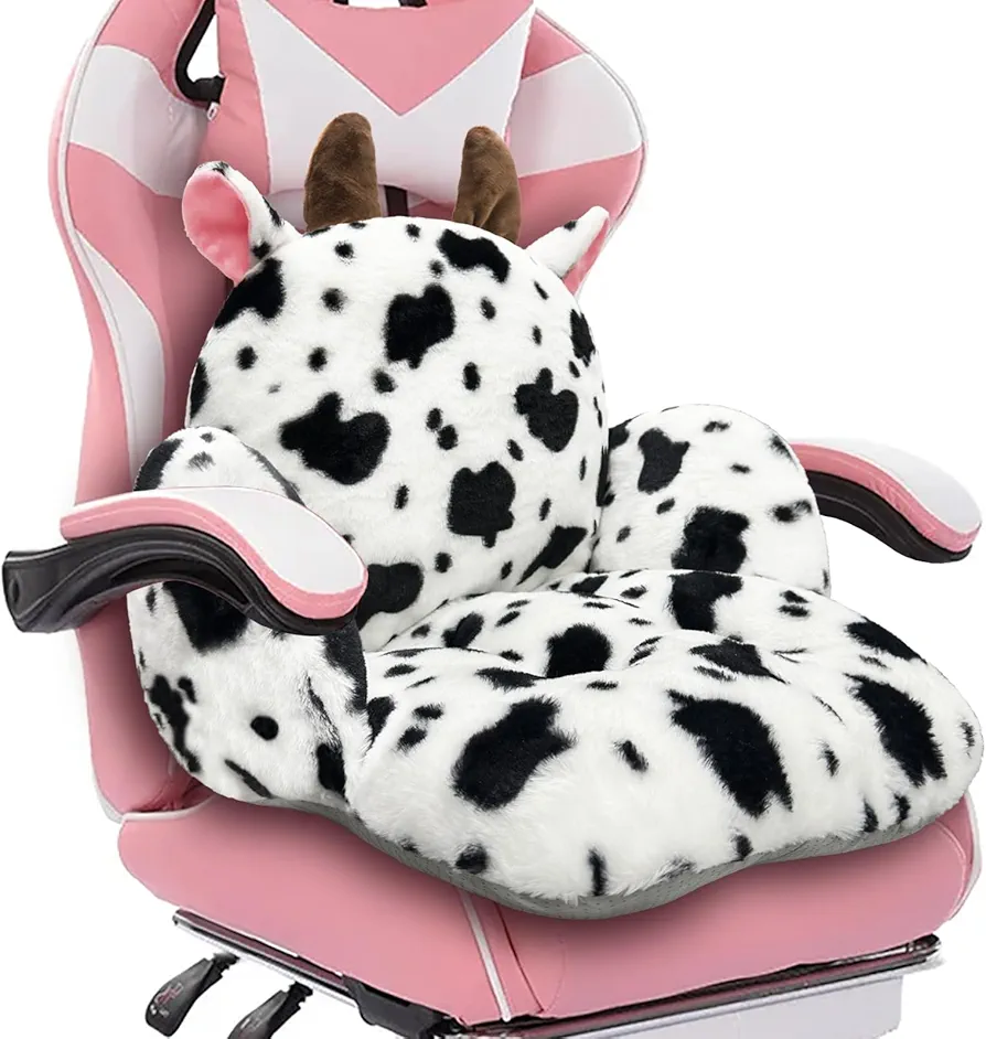 Cute Chair Cushion, Gaming Chair Cushion with Backrest Non-Slip, Comfy Seat Cushion for Office Desk, Kawaii Chair Cushions for Gamer, Soft Chair Cushion for Room Bedroom Decor（Fancy Cow）