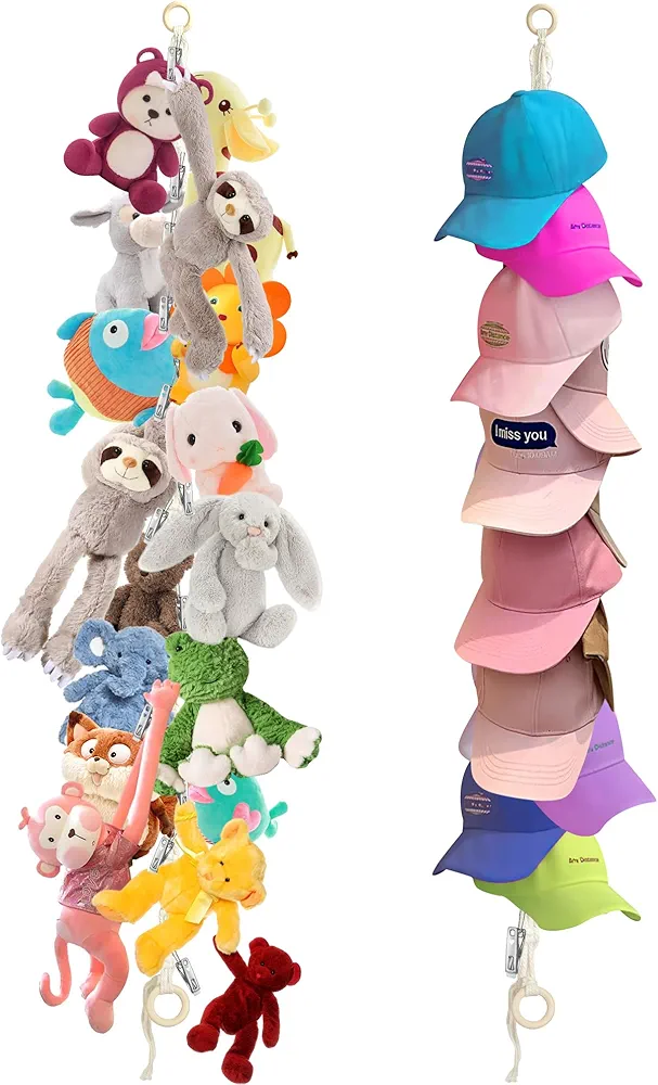 2pcs Stuffed Animal Storage Chain - Boho Stuffed Animal Hammock with 40pcs Metal Clips, Stuff Animal Organizer Hanging Storage for Kids Bedroom Wall Door Display