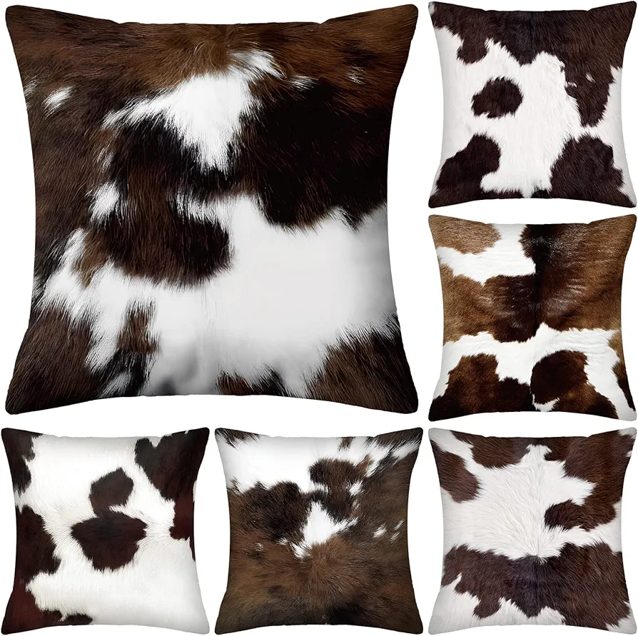 Peryiter Set of 6 Throw Cow Pillows Covers 18 x 18 Inch Cowhide Pillow Covers Decorative Western Pillow Covers Cow Pillow Covers Hidden Zippered Cushion Cover for Couch Sofa Home Living Room Decor