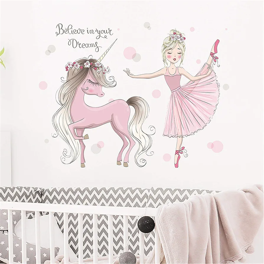 ROFARSO Colorful Cute Lovely Wall Stickers for Kids Peel and Stick Removable Wall Decals DIY Decorations Decor for Nursery Baby Girls Bedroom Playroom Living Room (Ballet Girl with Unicorn)