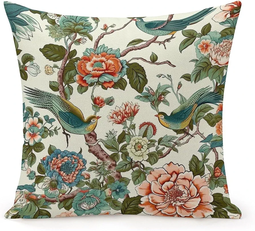 Farmhouse Pillow Covers 16x16in Chinoiserie Red Peony Floral Turquoise Tree Bird Linen Throw Pillow Covers Decorative Home Decor Square Cushion Cases Accent Pillows for Couch Sofa Living Room